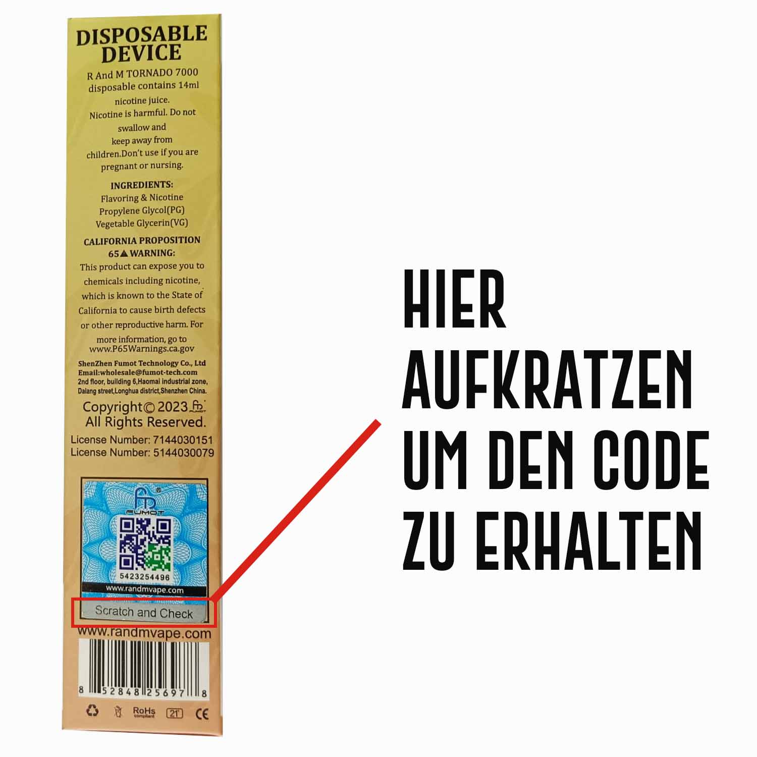 Rückseite einer RandM-Verpackung mit QR-Bereich und dem direkt darunter liegenden Scratch-and-Check-Feld